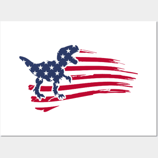 4th Of July Dinosaur Amerisaurus T Rex USA American Flag Posters and Art